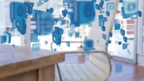 Animation-of-multiple-digital-icons-floating-against-close-up-of-a-chair-and-table