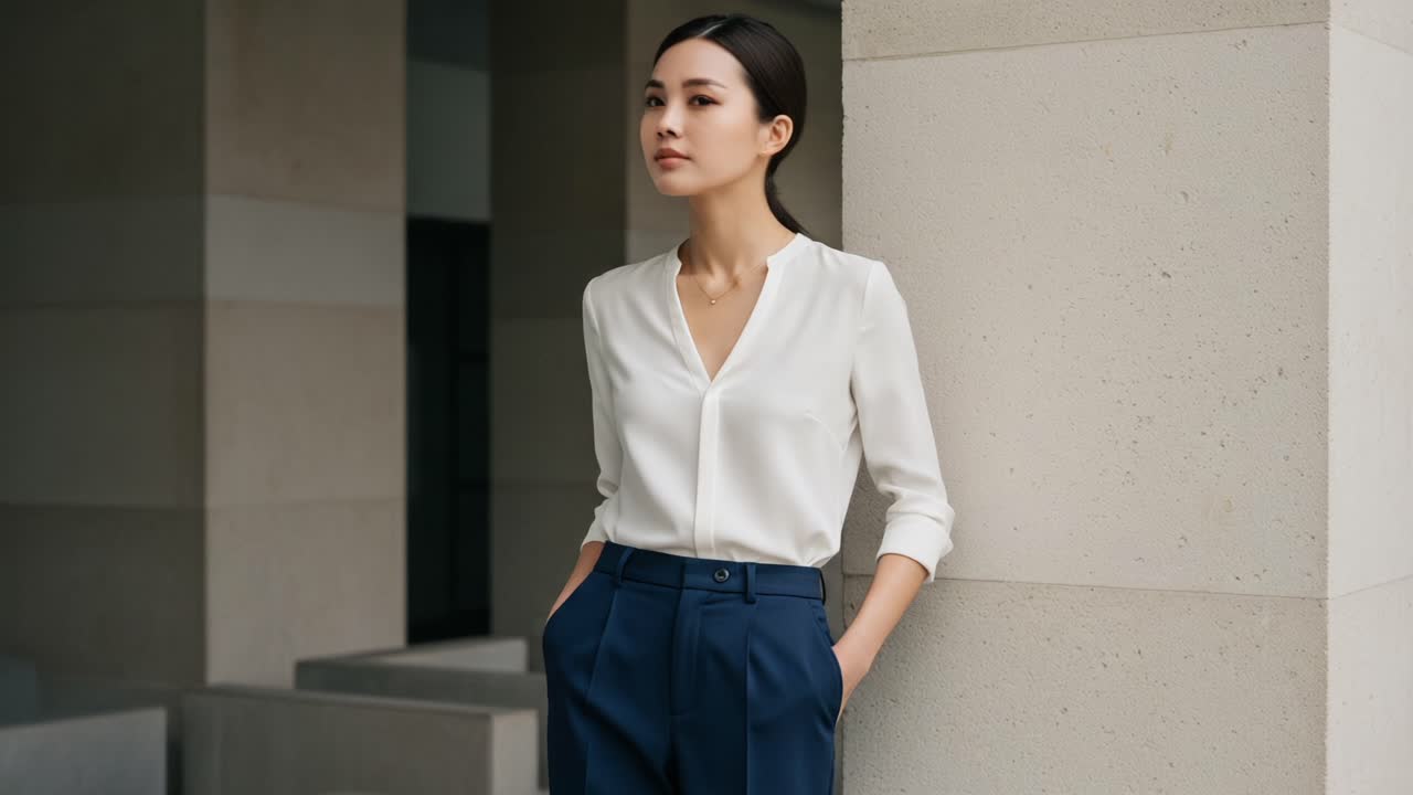 Elegance in Minimalism: A Confident Woman Posing in a Modern Architectural Setting, Showcasing a Chic Outfit of a White Blouse and Navy Pants with Poise and Grace