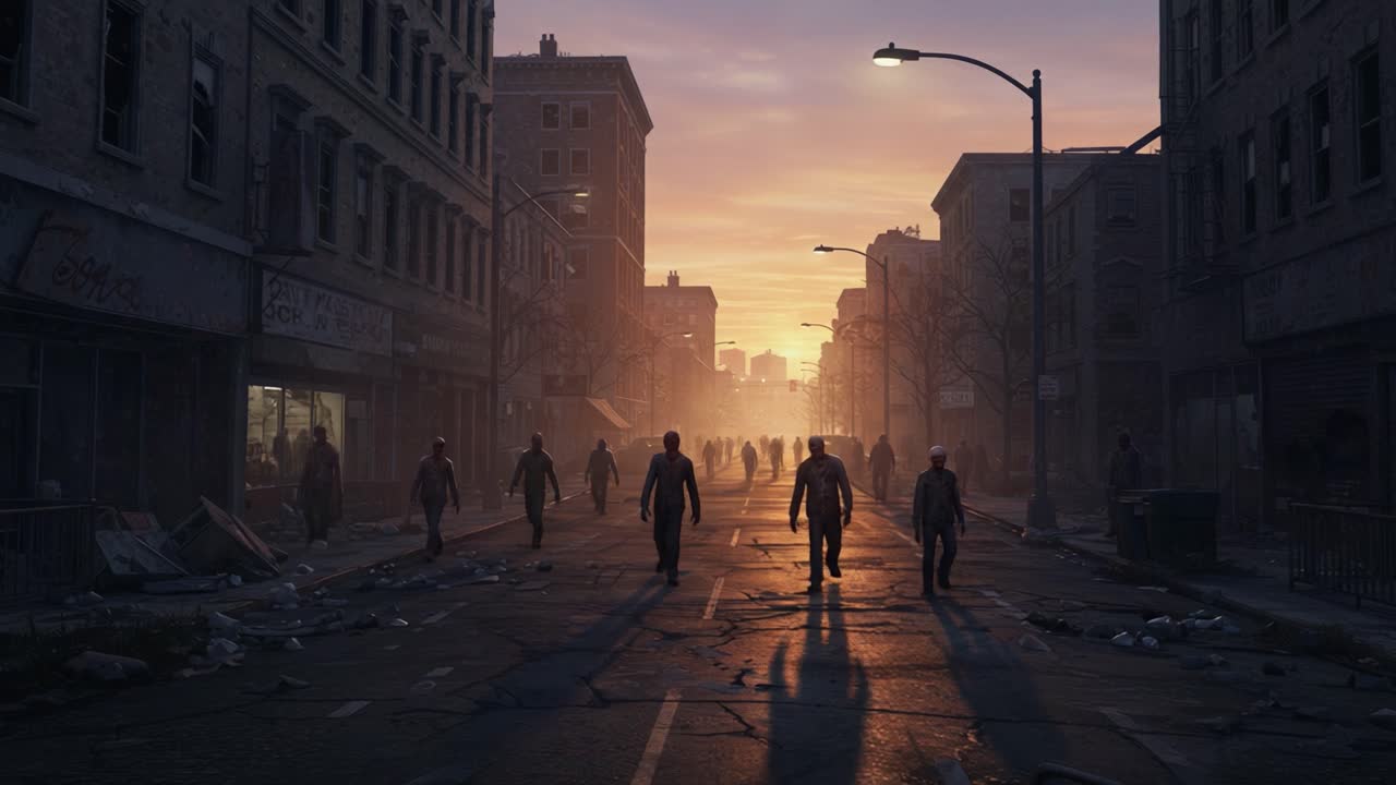A haunting depiction of a desolate urban landscape at sunset, with figures walking through the remnants of civilization, evoking themes of solitude and survival in an abandoned city