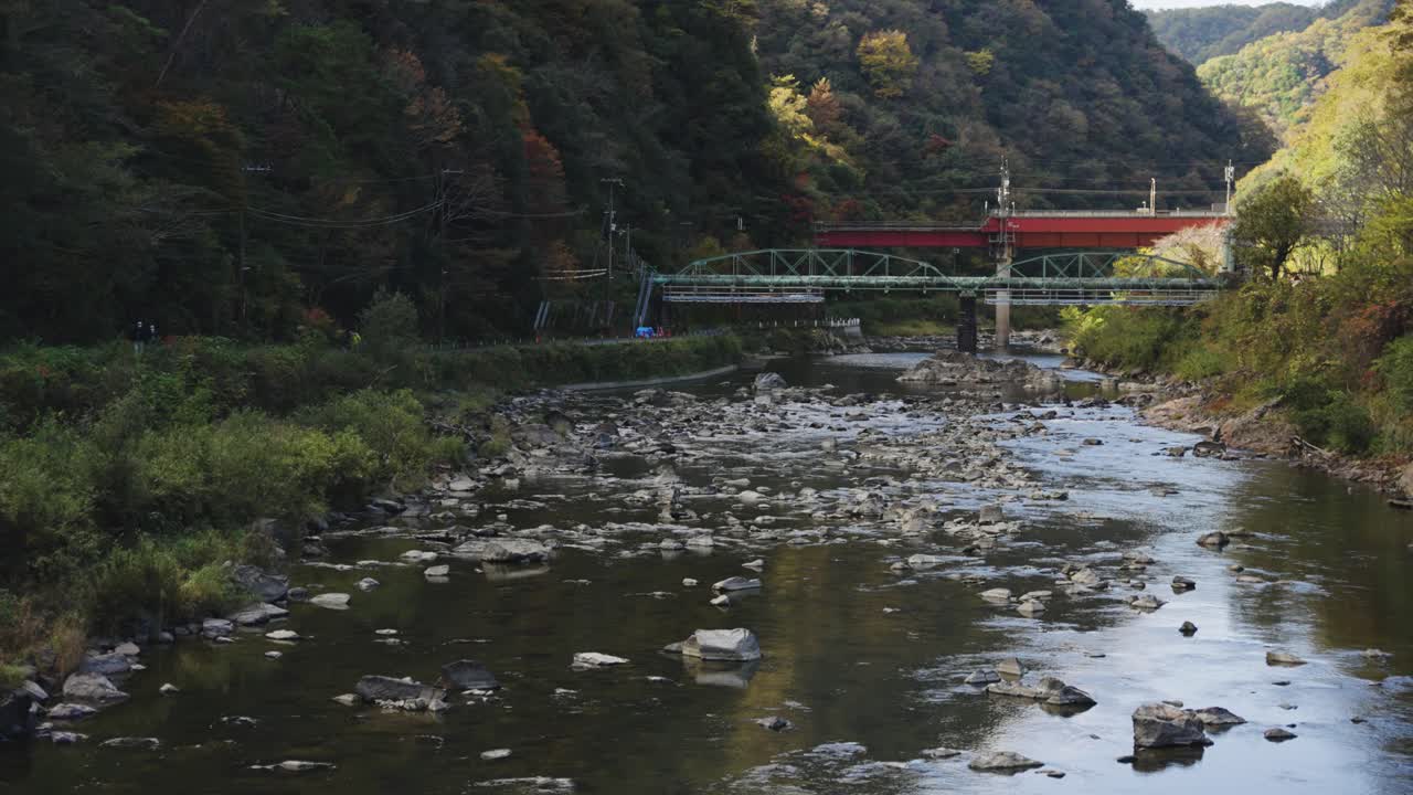 Mukogawa and Takedao Train Station in the Background, Autumn in Hyogo Japan