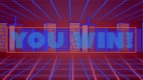 Animation-of-blue-text-you-win,-over-red-and-blue-grid-and-cityscape