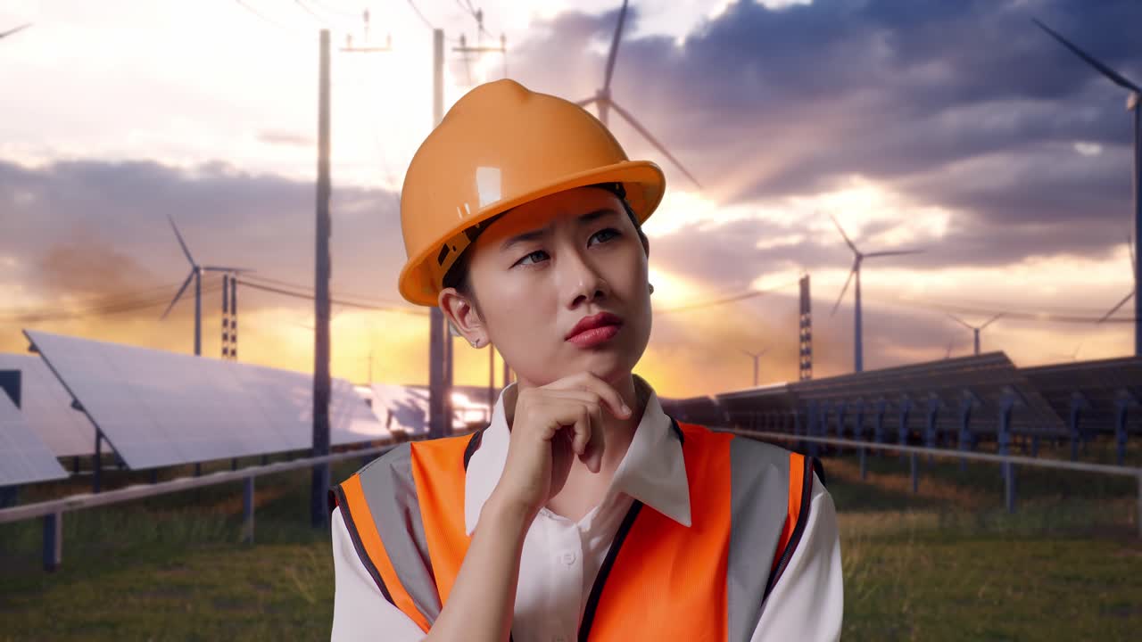 Close Up Of Asian Female Engineer With Safety Helmet Thinking And Looking Around Then Raising Her Index Finger With Solar Panel and Wind Turbines