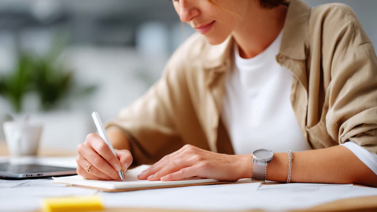 A focused woman diligently writing notes at a clean wooden desk, highlighting her engagement in work or a creative project with natural light enhancing the scene