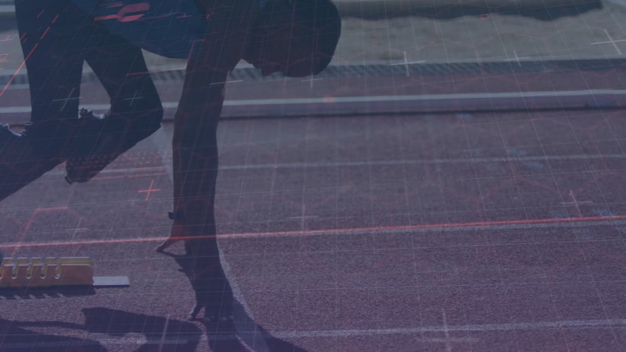 러닝 트랙에서 러닝 블레이드를 가진 장애인 남성 운동 선수에 대한 디지털 데이터 처리 애니메이션