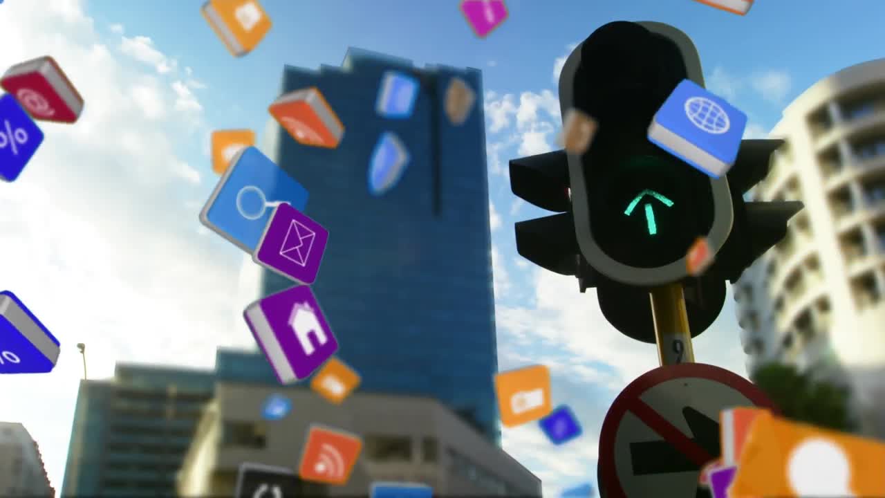 símbolos de internet cayendo en un fondo de la ciudad