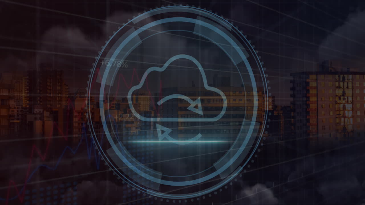 Animation of icons and data processing over cityscape