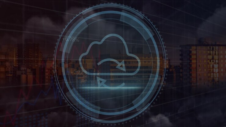 Animation of icons and data processing over cityscape