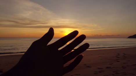 silhouette of happy man holds out her hand to the sun at sunset beautiful light of nature sunset or sunrise over sea amazing seascape in light golden hour