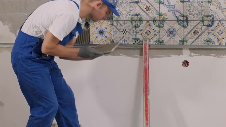 Installing ceramic floor tiles - measuring and cutting the pieces. Construction, renovation, repair apartment. Cuts tile. Tile cutting