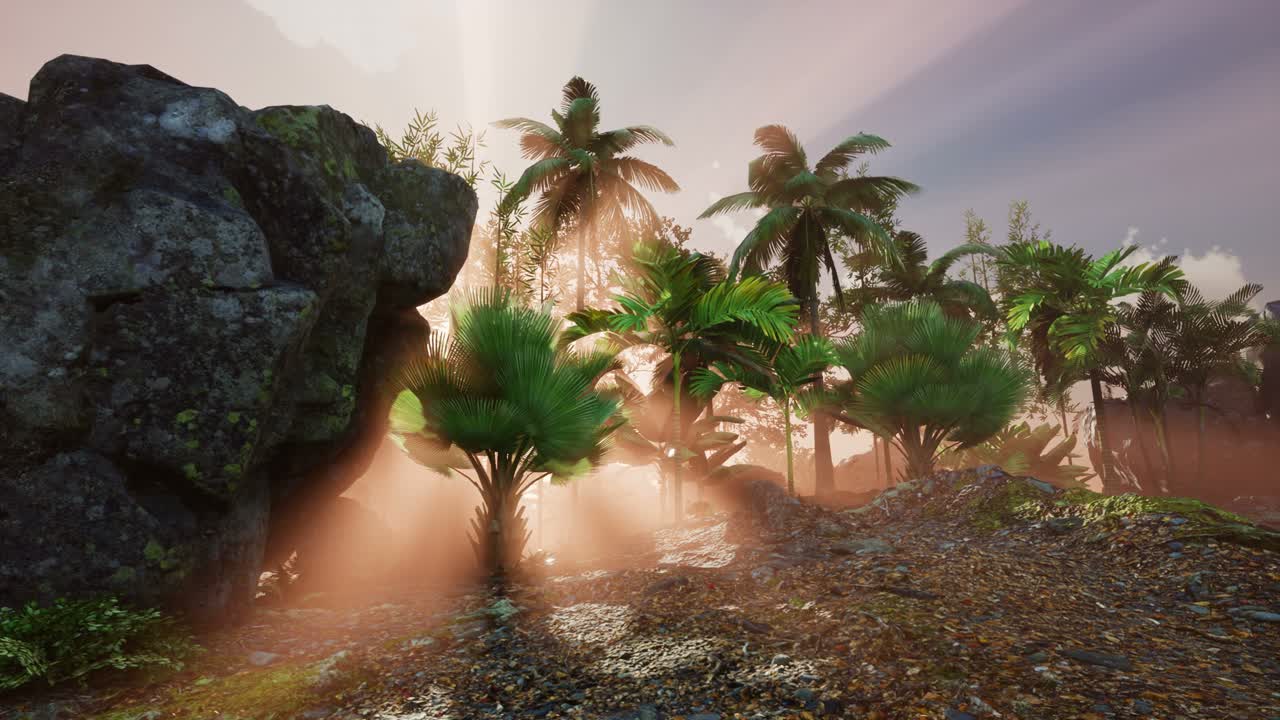 los rayos del atardecer a través de las palmeras