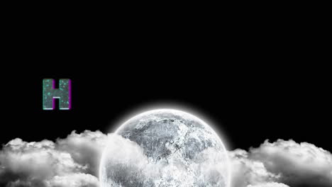 animación de texto feliz de halloween sobre la luna y las nubes en el cielo