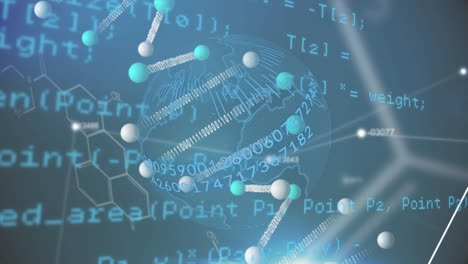 파란색 배경에 대한 회전하는 지구 위의 dna 구조와 데이터 처리