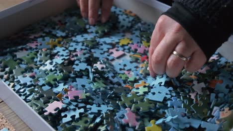 woman hands shuffling pieces in a box of jigsaw puzzle game slow motion 50i