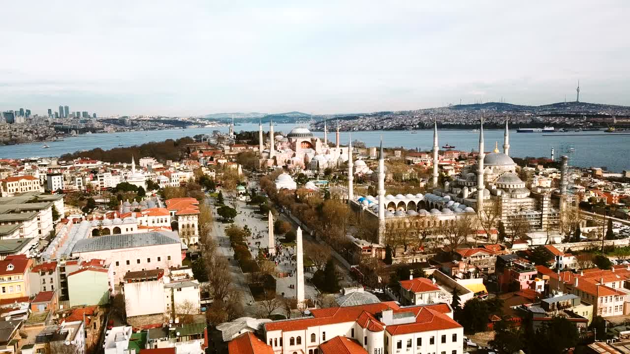 Hagia Sophia and Blue Mosque in Istanbul Aerial. Sultanahmet Mosque built to rival Hagia Sophia, they located next to each other and it is hard to decide which is more extraordinary structure