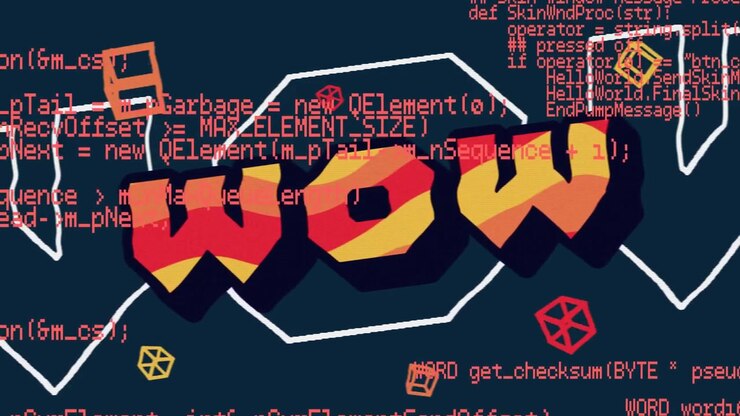 På marineblå skjerm falmer polygon, kuber driver, WOW dukker opp, kode scroller, fremhever tekst