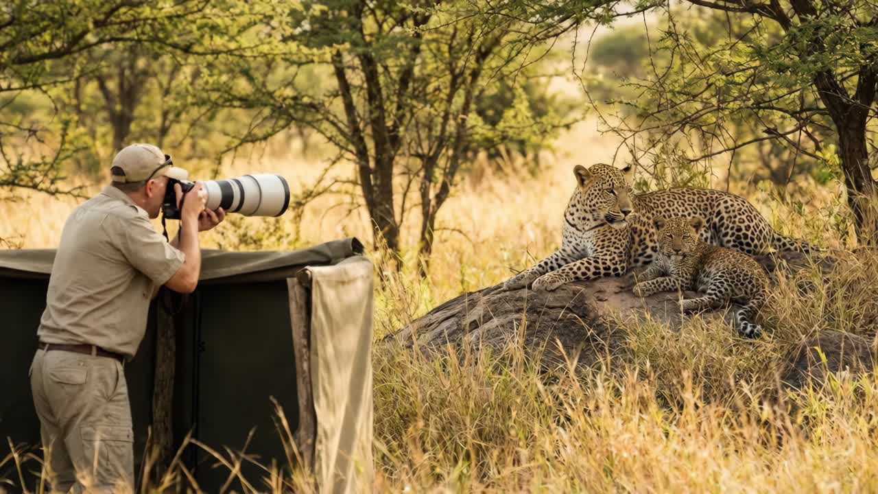 Un fotografo cattura immagini di un leopardo e del suo cucciolo nella savana africana