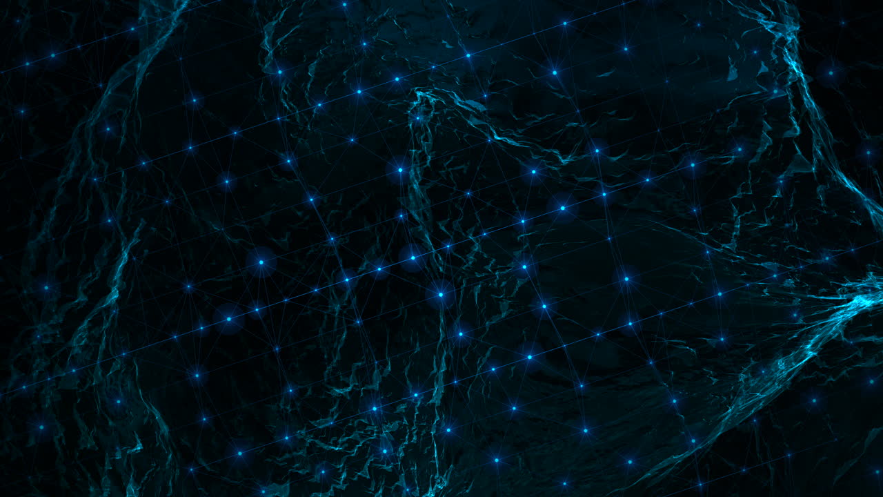 Blått plexus-nettverk av tilkoblede noder og linjer som bakgrunn. Ideelt for visuelle elementer relatert til teknologi, vitenskap, data, AI, blokkjede, internett og digital kommunikasjon