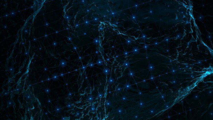 Blåt plexus-netværk af forbundne knudepunkter og linjer som baggrund. Ideel til visuals inden for teknologi, videnskab, data, AI, blockchain, internet og digital kommunikation.