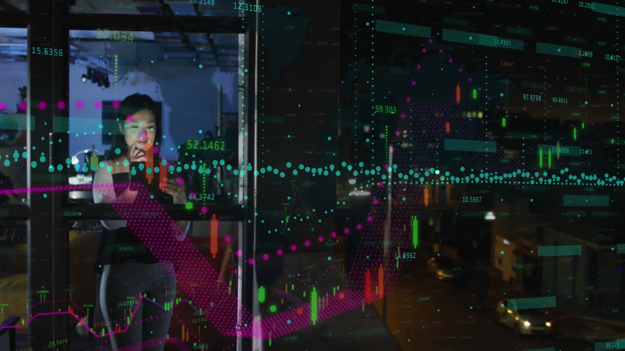 Animation of financial data processing over asian businesswoman working in office