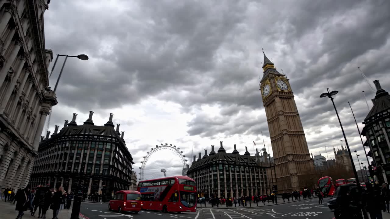 Wide-angle video shot of London's iconic landmarks, featuring Big Ben and red buses under dramatic