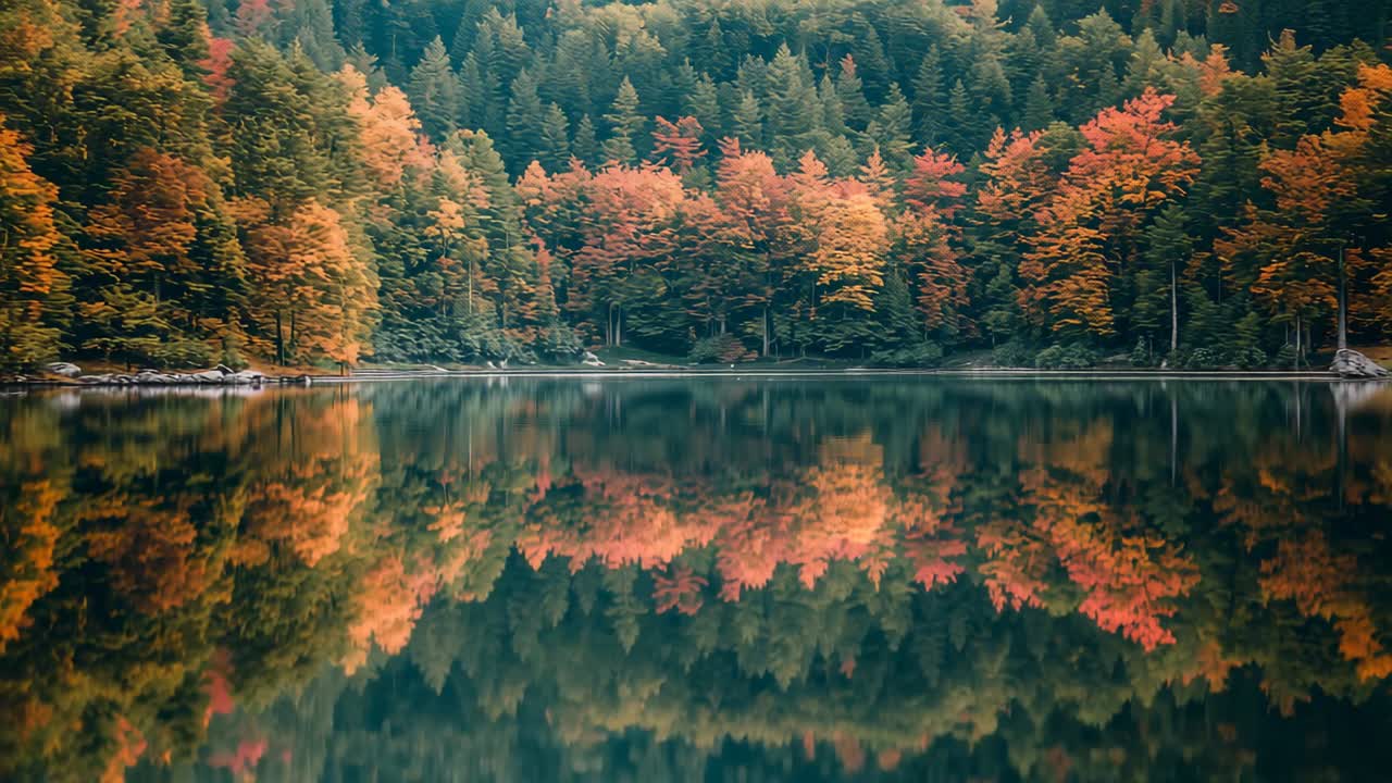 Steady camera capturing wind stirring fall foliage at mountain lake, with mirror reflection