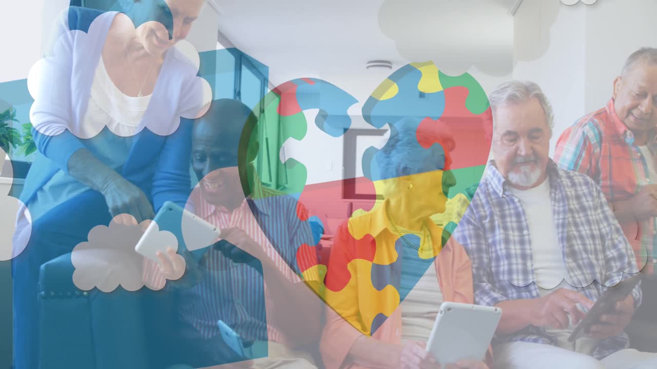 animación de coloridas piezas de rompecabezas corazón sobre amigos mayores utilizando dispositivos electrónicos