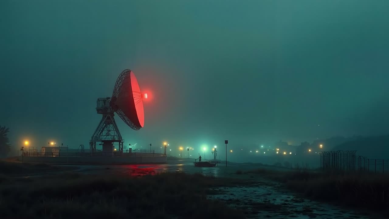 A satellite dish sitting on top of a beach at night