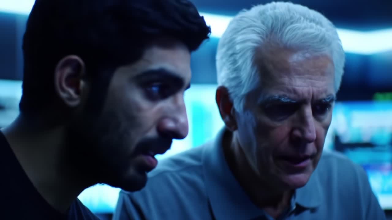 Intense Conversation Between Two Experts in a High-Tech Control Room, Analyzing Critical Data and Strategies Amidst a Tense Situation