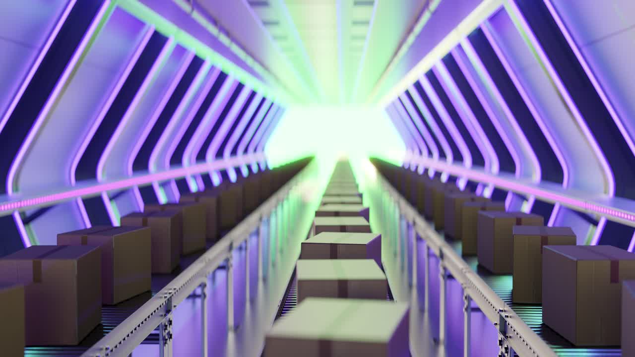 3D animation loop of carton boxes on conveyor system in modern factory