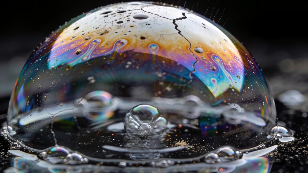 Mostrando una cupola di bolle che forma una colonna liquida al centro su una superficie bagnata, creando bolle dal drenaggio