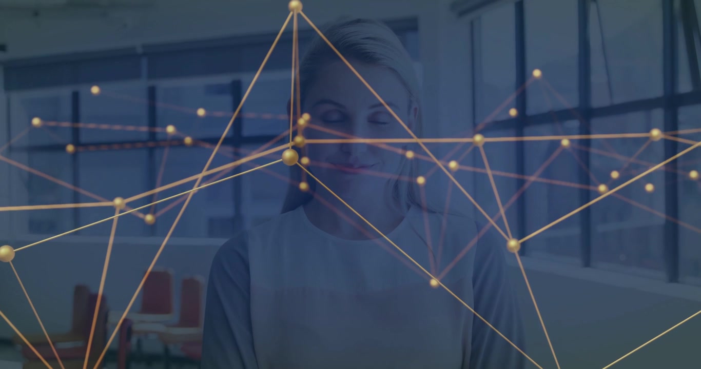 Vertical video: Sitting woman in lounge in light top, gold network starting over face showing data