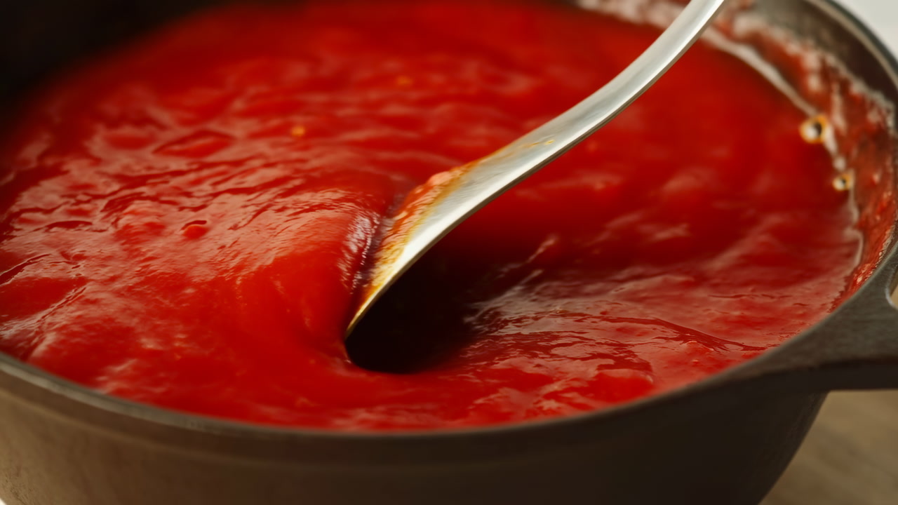 Thick Tomato Sauce Simmering In Pan, Glossy Red Puree Stirred With Metal Spoon In Castiron Skillet, Gentle