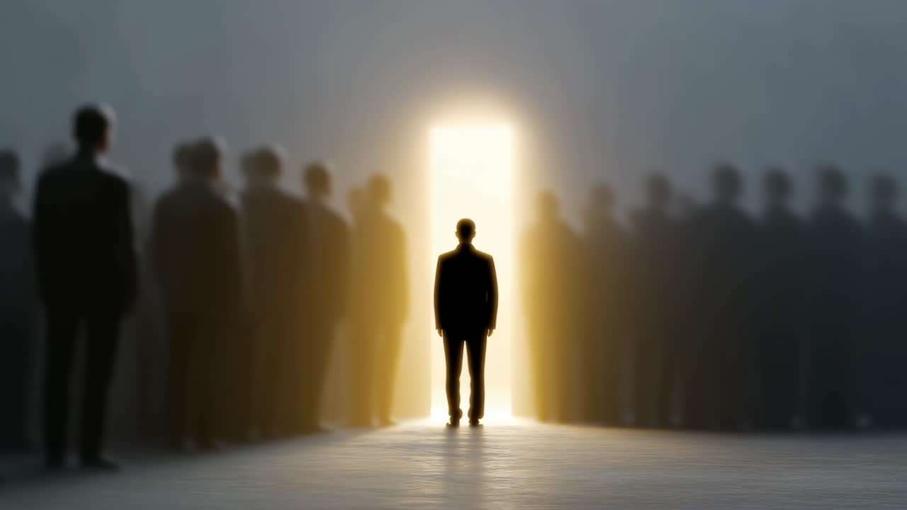 People in shadow with a figure in light. A lone figure is lit, surrounded by shadows, striking a contrast of hope and uncertainty.