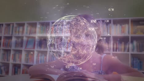 Animation-of-digital-globe-with-numbers-rotating-over-caucasian-girl-reading-book-in-library