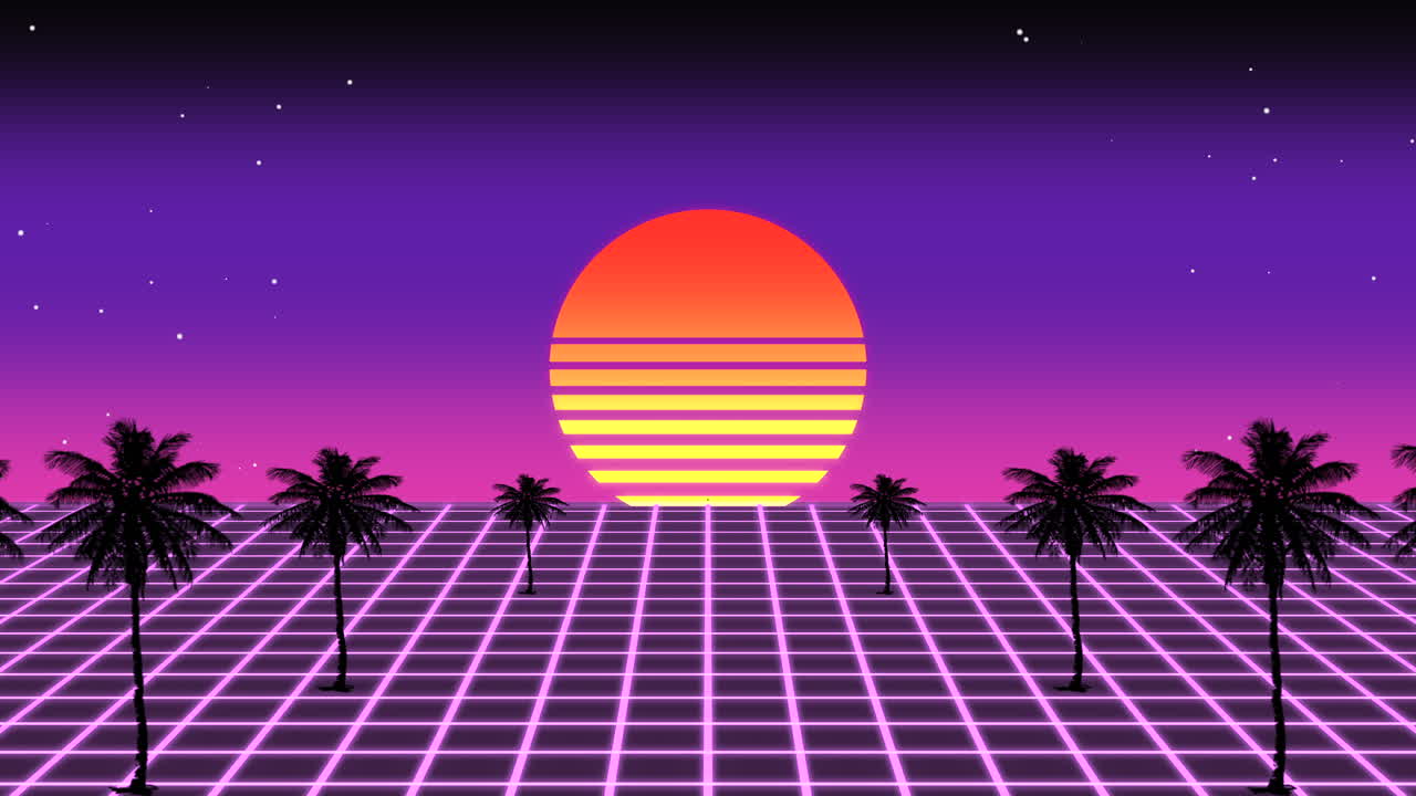 80s pixel art sunset over palm trees in purple and pink