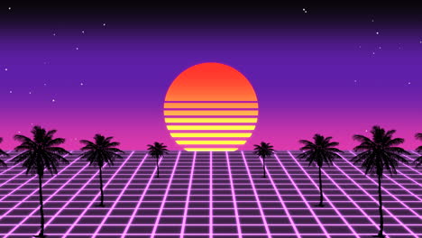 80er-Pixel-Art-Sonnenuntergang-über-Palmen-In-Lila-Und-Pink