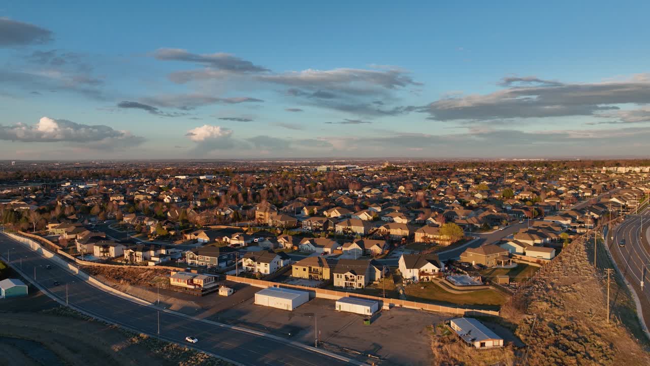Aerial view of Kennewick, Washington's suburban houses at sunset