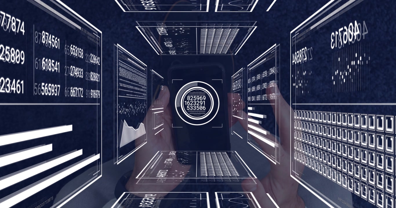 Man holding phone, finger moving to tap, data tunnel showing HUD cycling numbers for monitoring