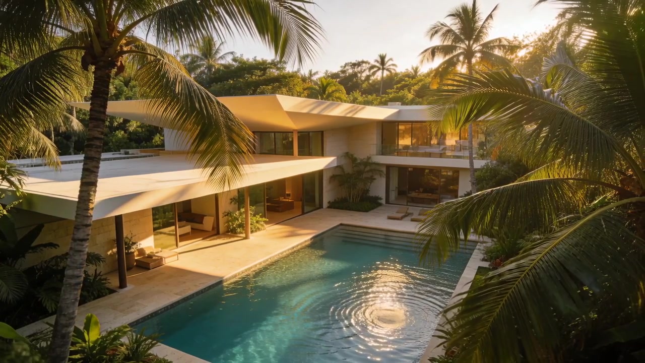 Drone che plana avvicinandosi al cortile di una villa moderna, mostrando una piscina rettangolare con l'acqua increspata sotto il sole caldo.
