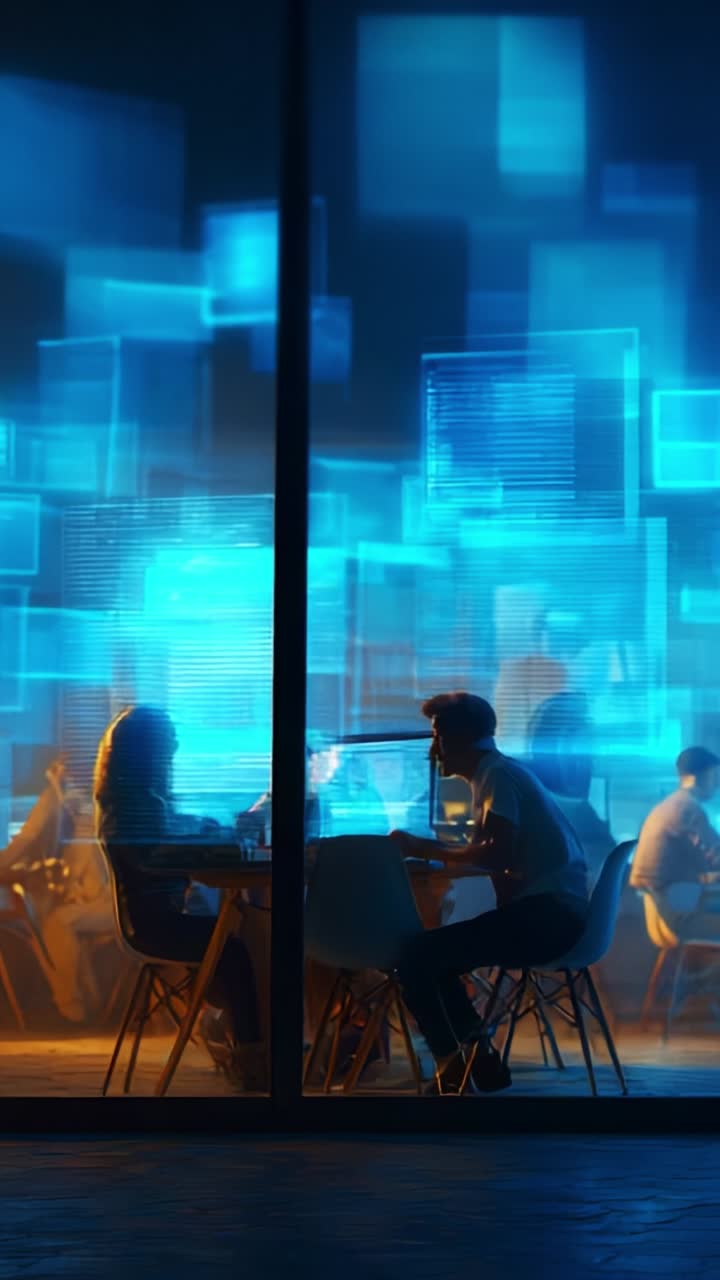 Engaging Interaction Amidst Digital Scenery: Two Individuals at a Modern Workspace Surrounded by Blue Light and Futuristic Displays Reflecting Innovation