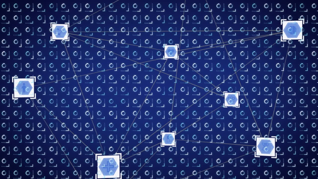 Animation of networks of connections with processor icons over blue patterned background