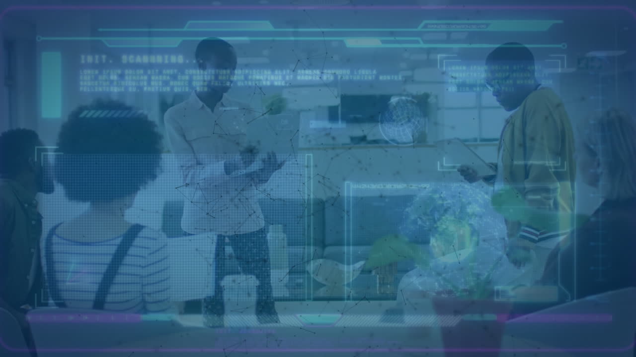 Animation of diverse data on screens over happy screens and european union flag