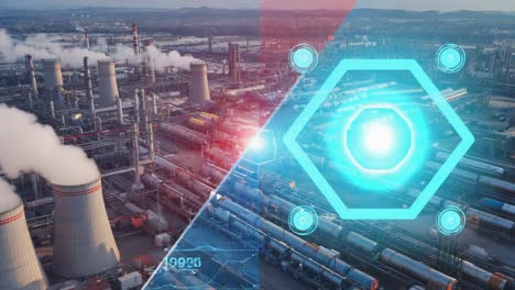 industrial facility with digital technology overlay representing smart automation and data