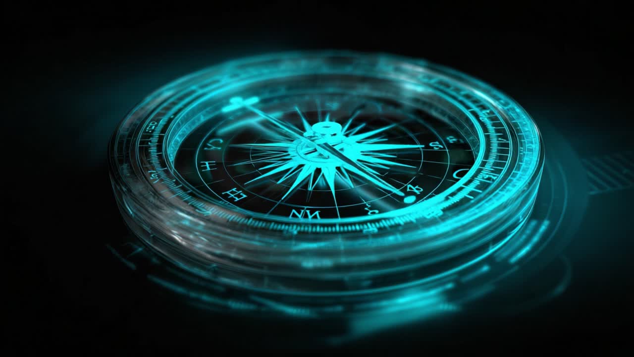 Glowing futuristic compass with a holographic display rotating and finding its direction, symbolizing navigation in the digital age, exploration, and the search for future pathways