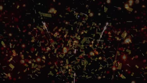 animation of fireworks exploding and confetti falling against black background with copy space