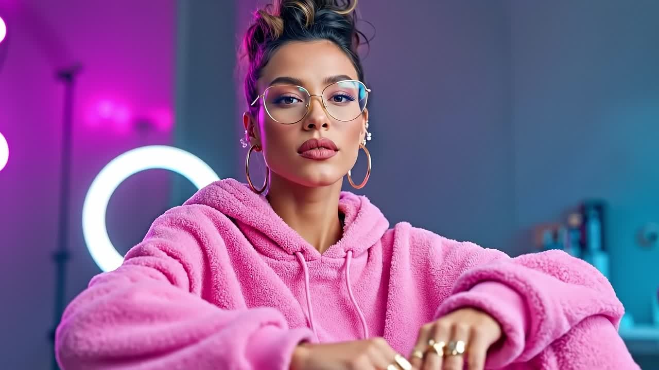 A woman in a pink robe and glasses sitting in front of a camera