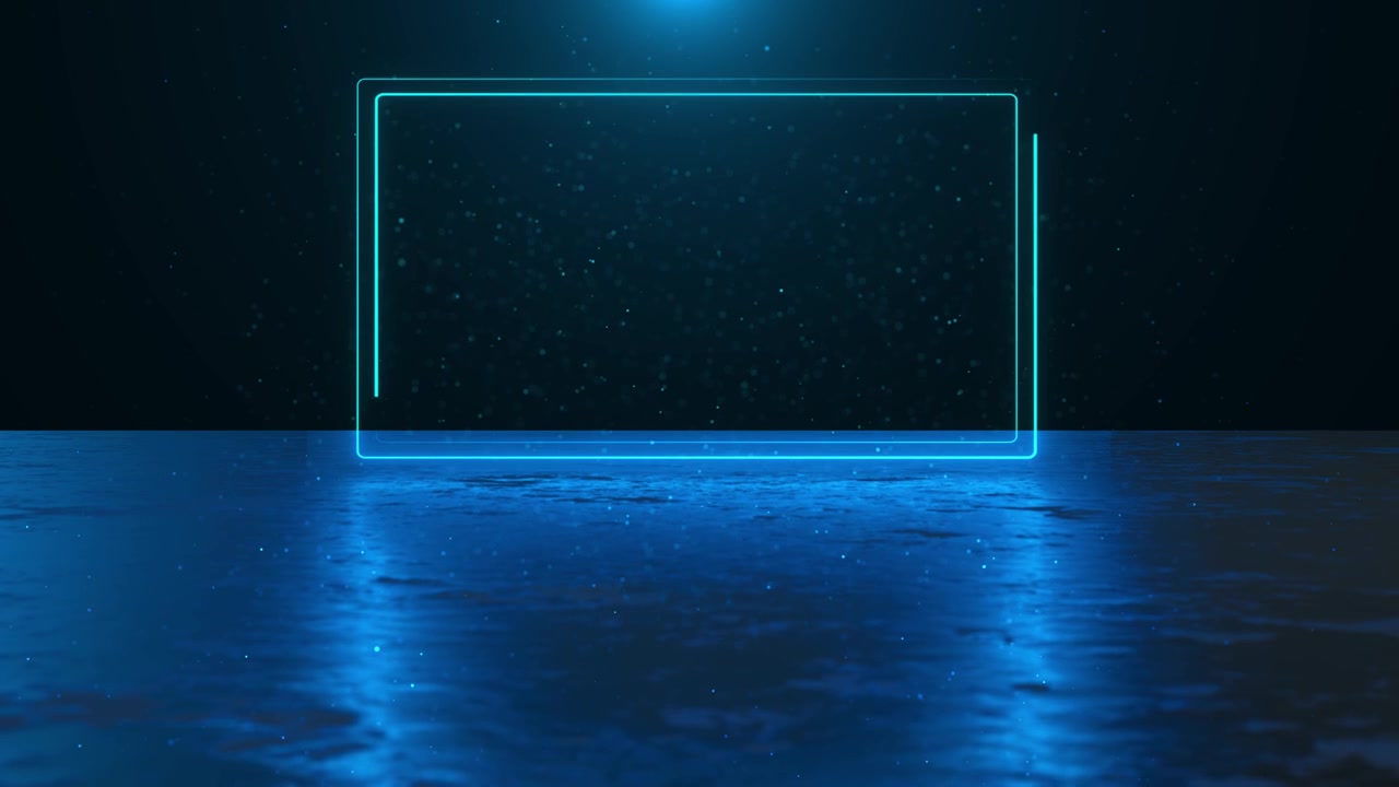 Glowing blue product frame visual with cyan rectangular outline reflective surface and soft particle