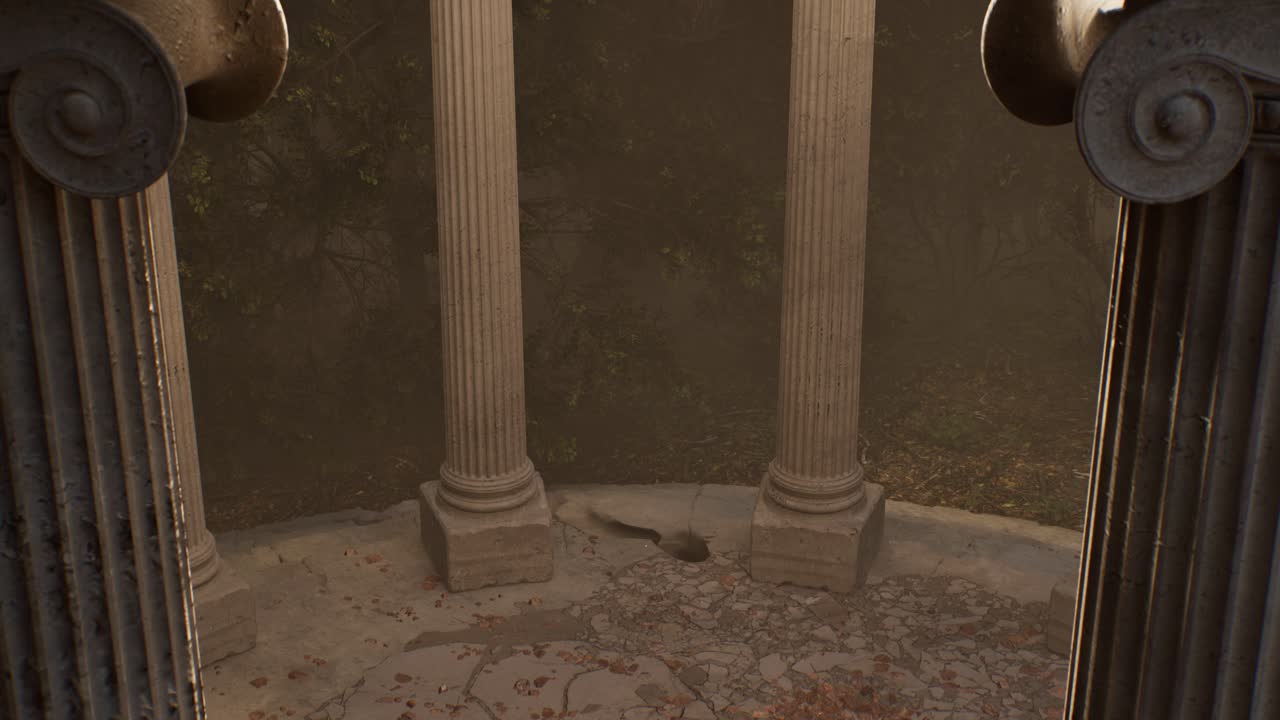 Ancient ruined temple columns revealed from a bas-relief