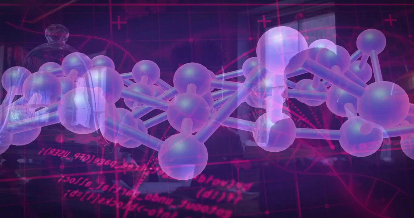 Holographic projector activating chain rotation, scientists monitoring code grid for lab research