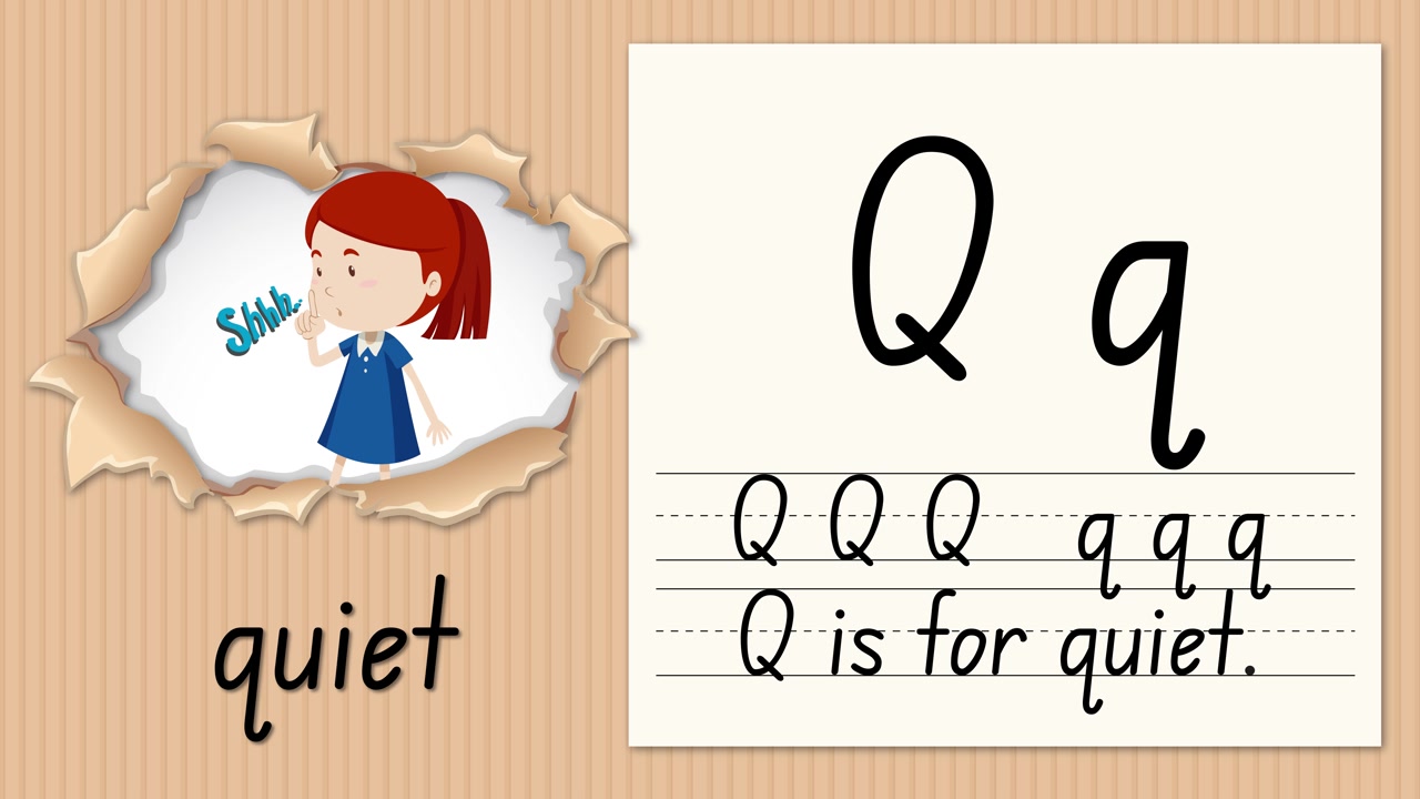 Animated lesson teaches letter Q using a girl gesturing quiet on a paper background